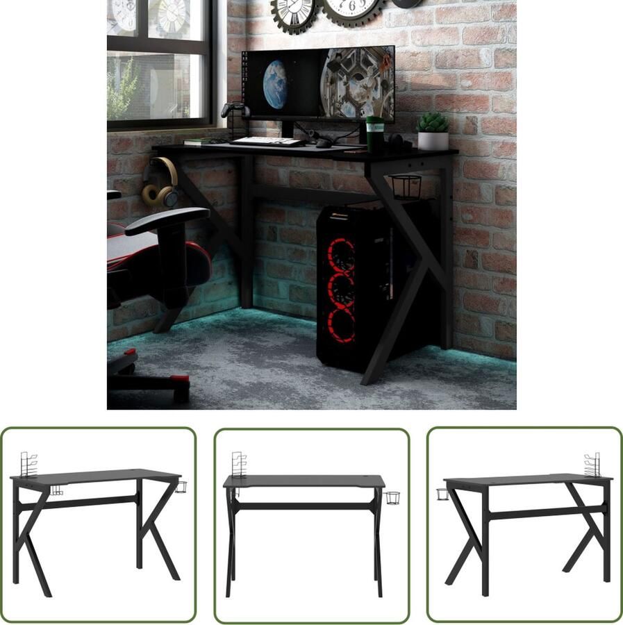 The Living Store Gamingbureau met K-vormige poten 110x60x75 cm zwart Gaming Bureau Zwart Ergonomisch Bureau Kantoorspullen Spelcomputer Tafel - Foto 2