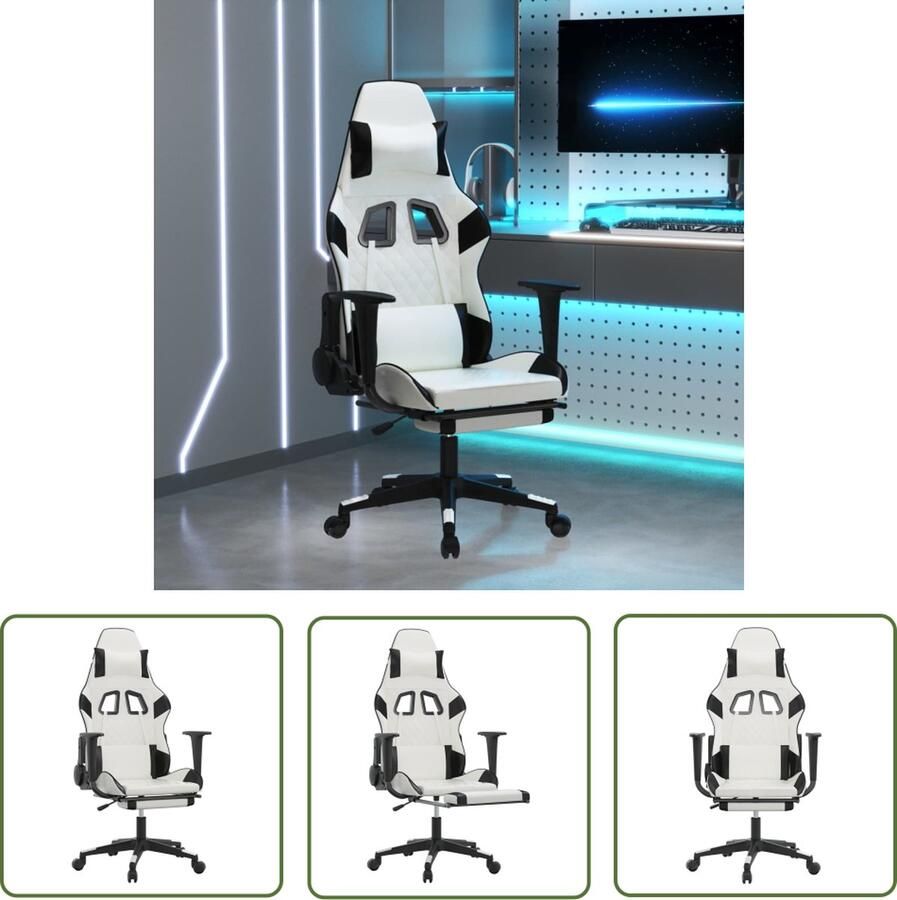 The Living Store Gamingstoel Massagefunctie Verstelbare rugleuning en voetensteun Stevig en stabiel Wit Zwart 64x60x(117-127) cm Gamingstoel Gamestoel Massagefunctie Verstelbaar Bureaustoel - Foto 2