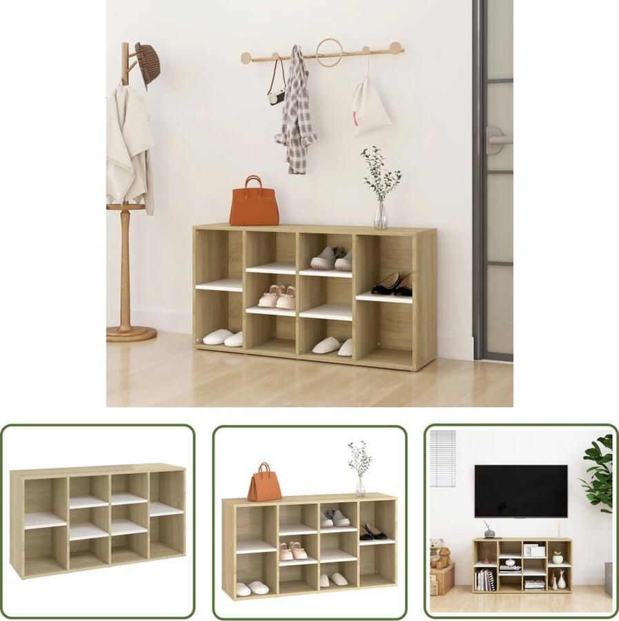 The Living Store Garderobebank schoenenkast 10 vakken 103x30x54.5cm wit sonoma eiken