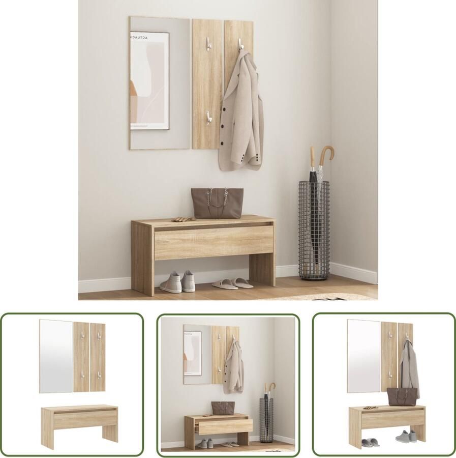 The Living Store Halbank Sonoma Eiken 80x30.5x40 cm Met spiegel en kapstokken Halbank Gangkast Houten Bank Sonoma Eiken Opbergbanken - Foto 3