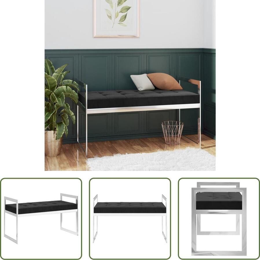 The Living Store Halbank Velvet 97 x 44 x 46 cm Zwart Zilver Fluweel RVS - Foto 2