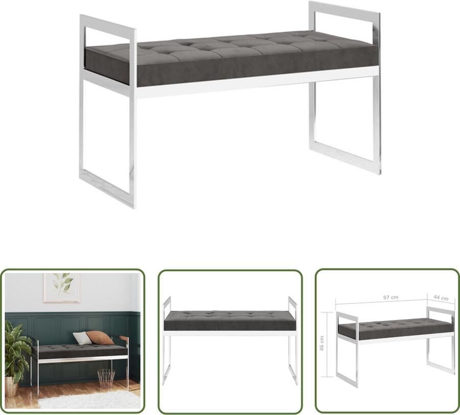 The Living Store Bankje 97 cm fluweel en roestvrij staal grijs Hocker - Foto 2