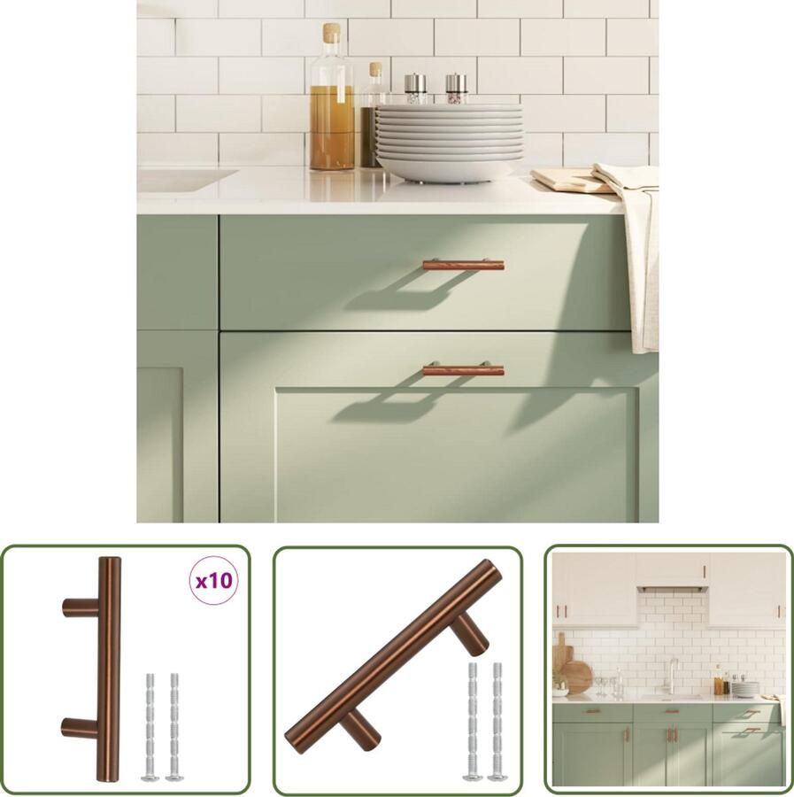 The Living Store Handvatten 10 st 64 mm roestvrij staal bronskleurig Deurhandgreep Keukenkast Greep Ladegreep Meubelbeslag Roestvaststalen Handgreep
