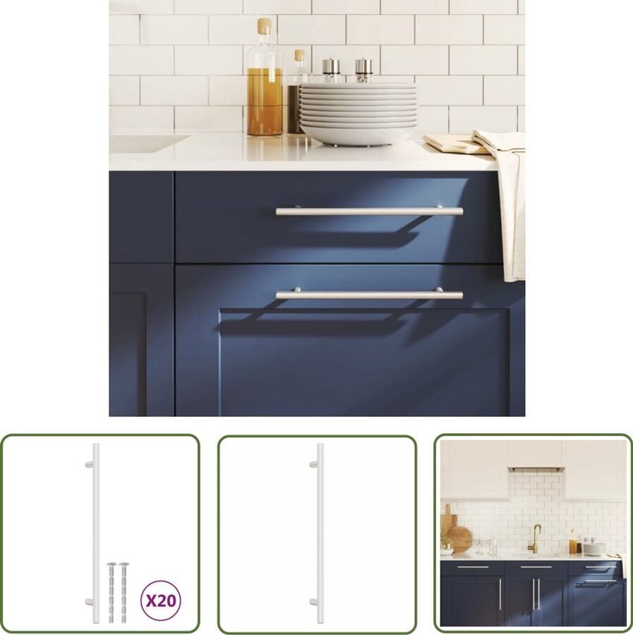 The Living Store Handvatten 20 st 224 mm roestvrij staal zilverkleurig Handvatten Keukenkast Ladegreep Roestvrij Staal Badkamermeubilair