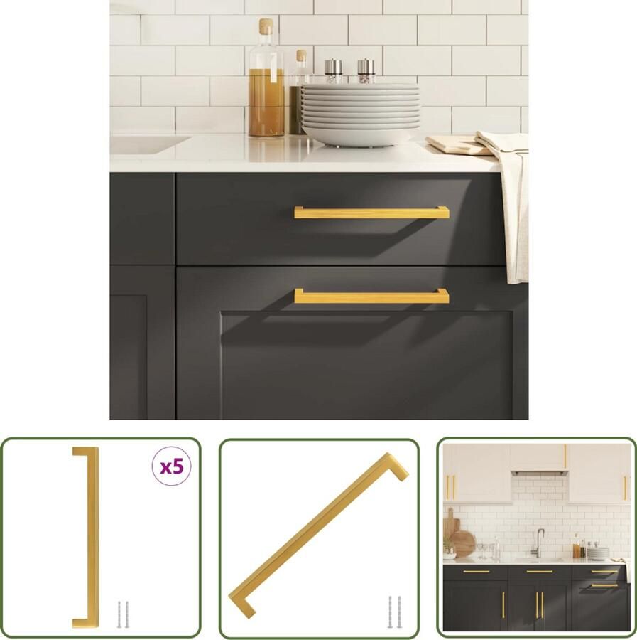 The Living Store Handvatten 5 st 224 mm roestvrij staal goudkleurig Handvatten Keuken Handgrepen Kast Handgrepen Badkamer Roestvrijstalen Handvatten Gouden Handvatten