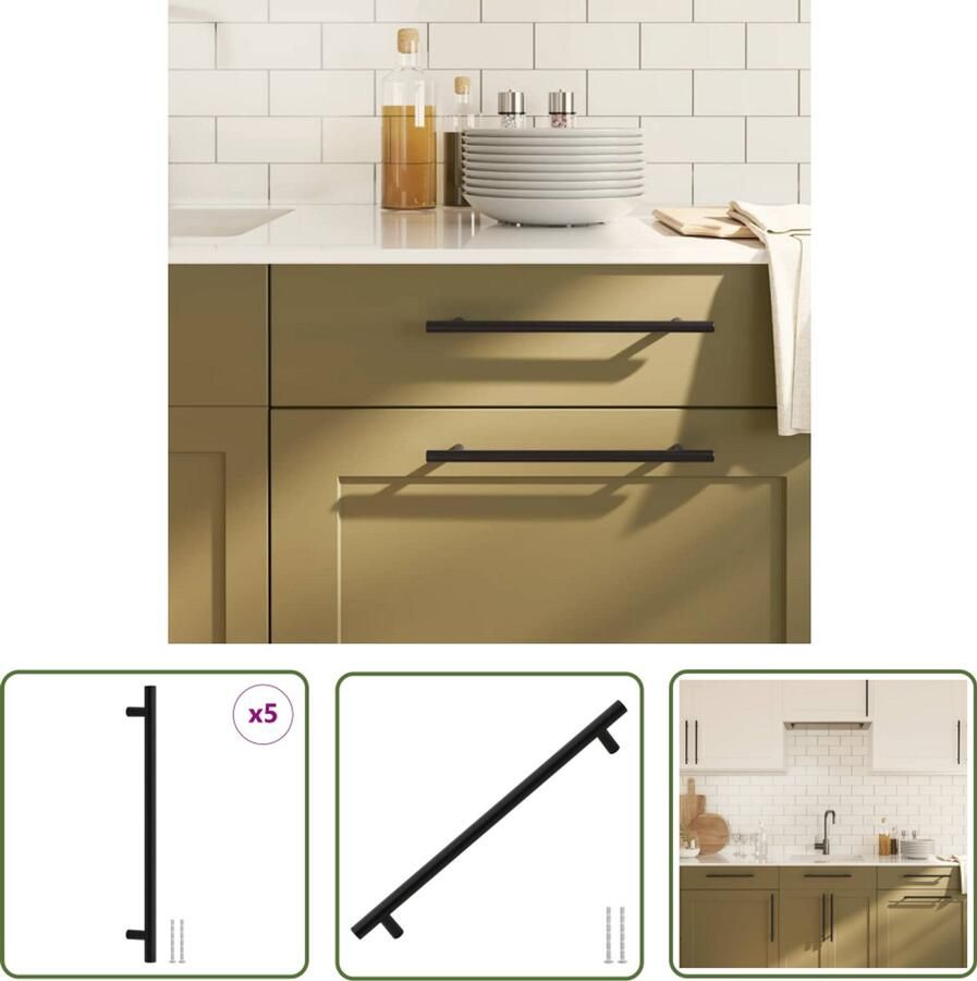 The Living Store Handvatten 5 st 224 mm roestvrij staal zwart Handvatten Keuken Handgrepen Kast Roestvrijstalen Handgreep Zwarte Handgreep Design Handvatten