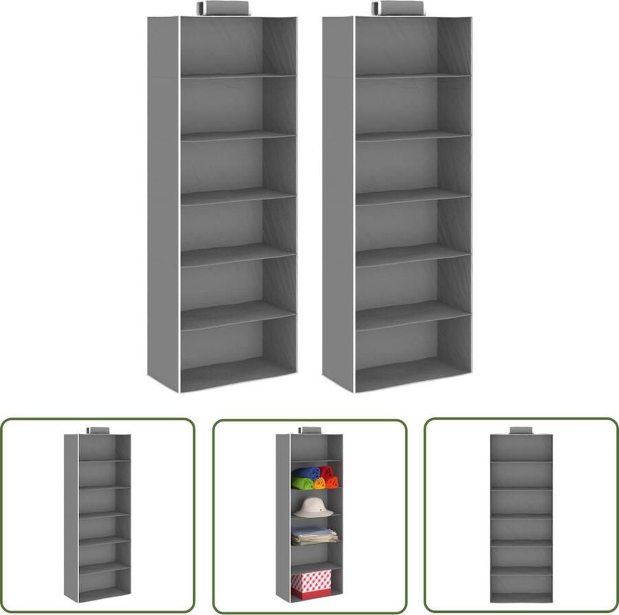 The Living Store Hangende Kledingkast-Organizer 30 x 15 x 80 cm Grijs en Wit Opvouwbaar 6 Schappen 2 stuks Hangende Organizer Kledingorganizer Kasten Organisatie Opberg Soluzioni Kledingkasten
