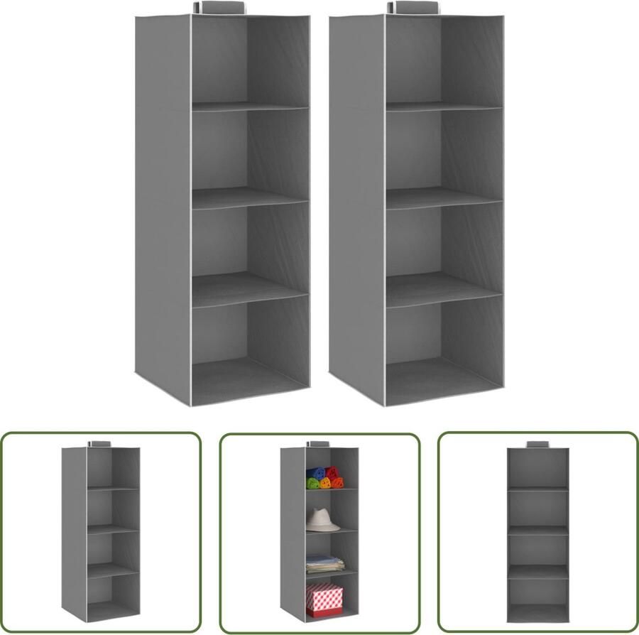 The Living Store Hangende Organiser Grijs en wit 30x30x84cm Met 4 schappen Opvouwbaar Hangende Organizer Kledingorganizer Kasten Organisatie Opbergbox Garderobe Organizer
