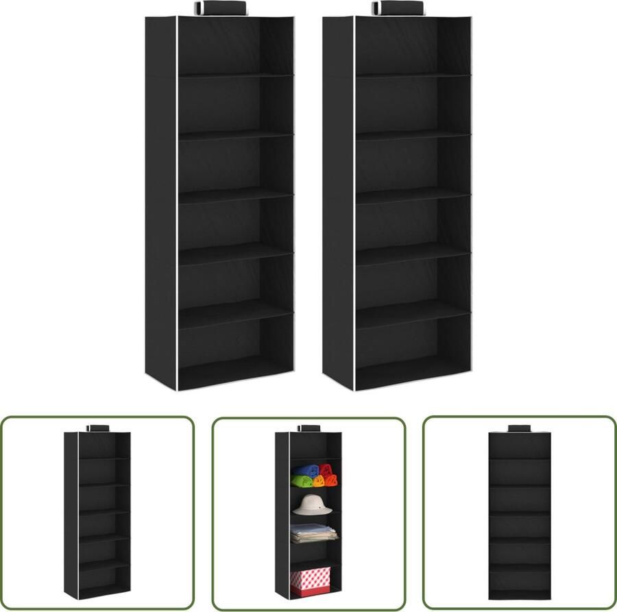 The Living Store Hangende Organiser Kledingkast-organiser Opvouwbaar 30x15x80 cm Zwart en wit 6 schappen 2 stuks Hangende Organizer Kasten Organisatie Kleding Opbergers Stof Organizers Zwarte Organizer
