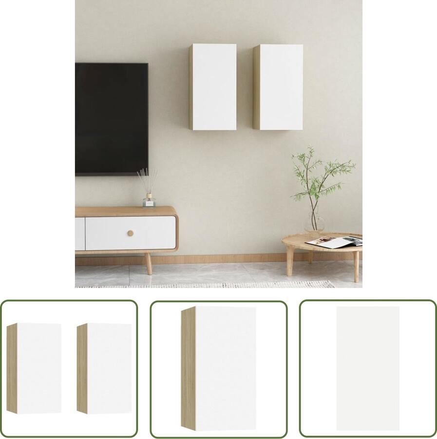 The Living Store Hangende Televisiekastenset Wandmeubelen Bewerkt Hout 30.5 x 30 x 60 cm Wit en Sonoma Eiken Tv Meubilair Houten Tv-kast Wandmontage Tv-kast Tv Kast Set Witte Tv-kast - Foto 2