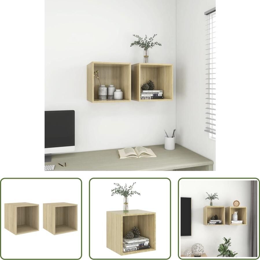 The Living Store Wandkasten 2 st 37x37x37 cm bewerkt hout sonoma eikenkleurig Hangend Rek Wandkast Opbergkast Salontafel Houten Kast - Foto 2