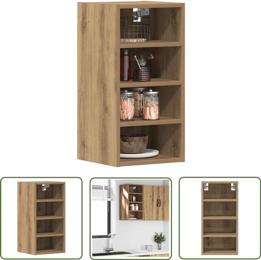 The Living Store Hangkast 30x29 5x60 cm bewerkt hout artisanaal eikenkleur Keukenwandkast Houten Kast Opslagkast Wandmontage Eiken Kleur - Foto 2