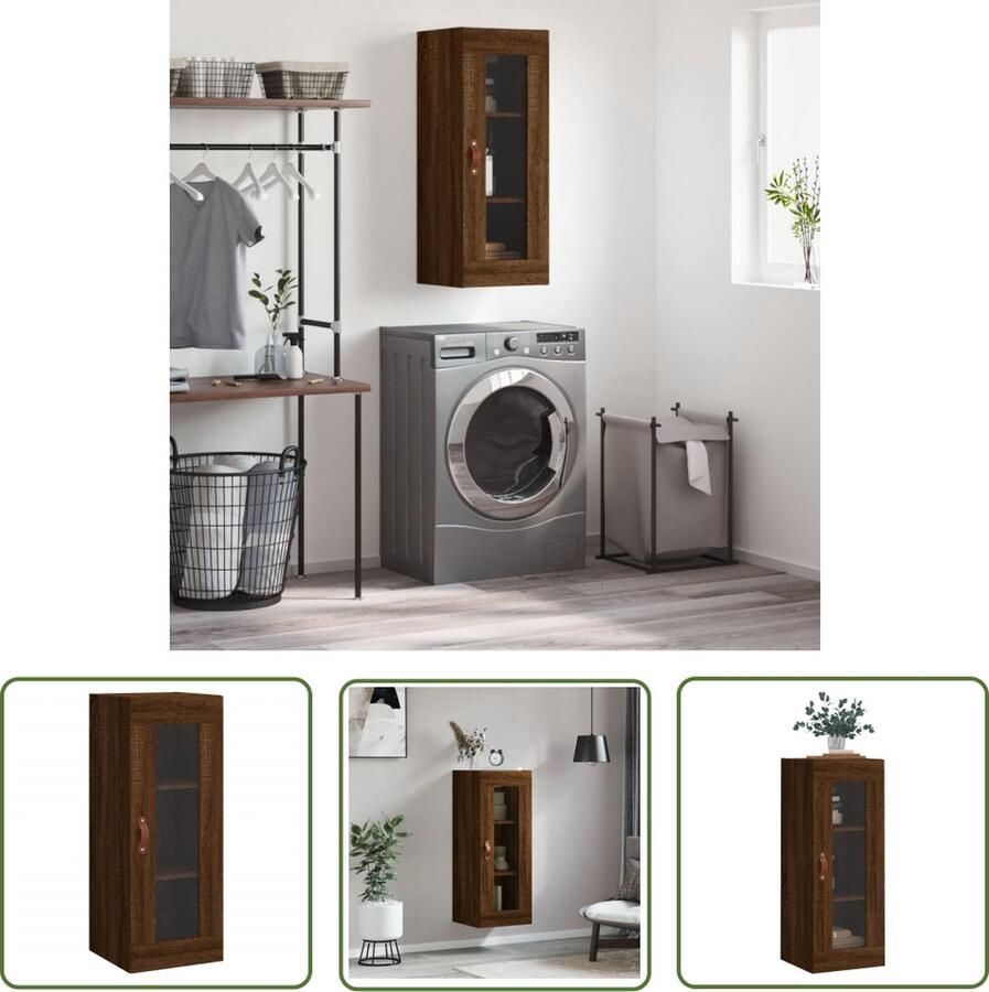 The Living Store Hangkast Zwevende Opbergkast For- 34.5 x 34 x 90 cm Kleur- Bruineiken Materiaal- Bewerkt hout en glas