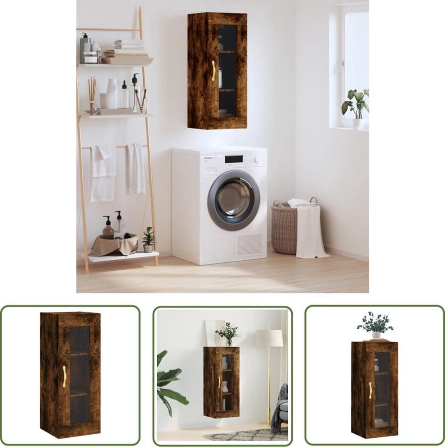 The Living Store Hangkast 34 5x34x90 cm gerookt eikenkleurig Hangkast Wandkast Opbergkast Houten Kast Vitrinekast
