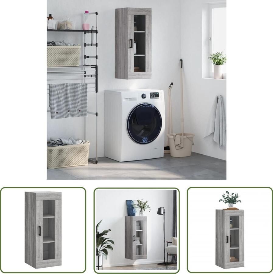 The Living Store Hangkast 34 5x34x90 cm grijs sonoma eikenkleurig Wandkast Opbergkast Grijze Kast Houten Kast Salontafel