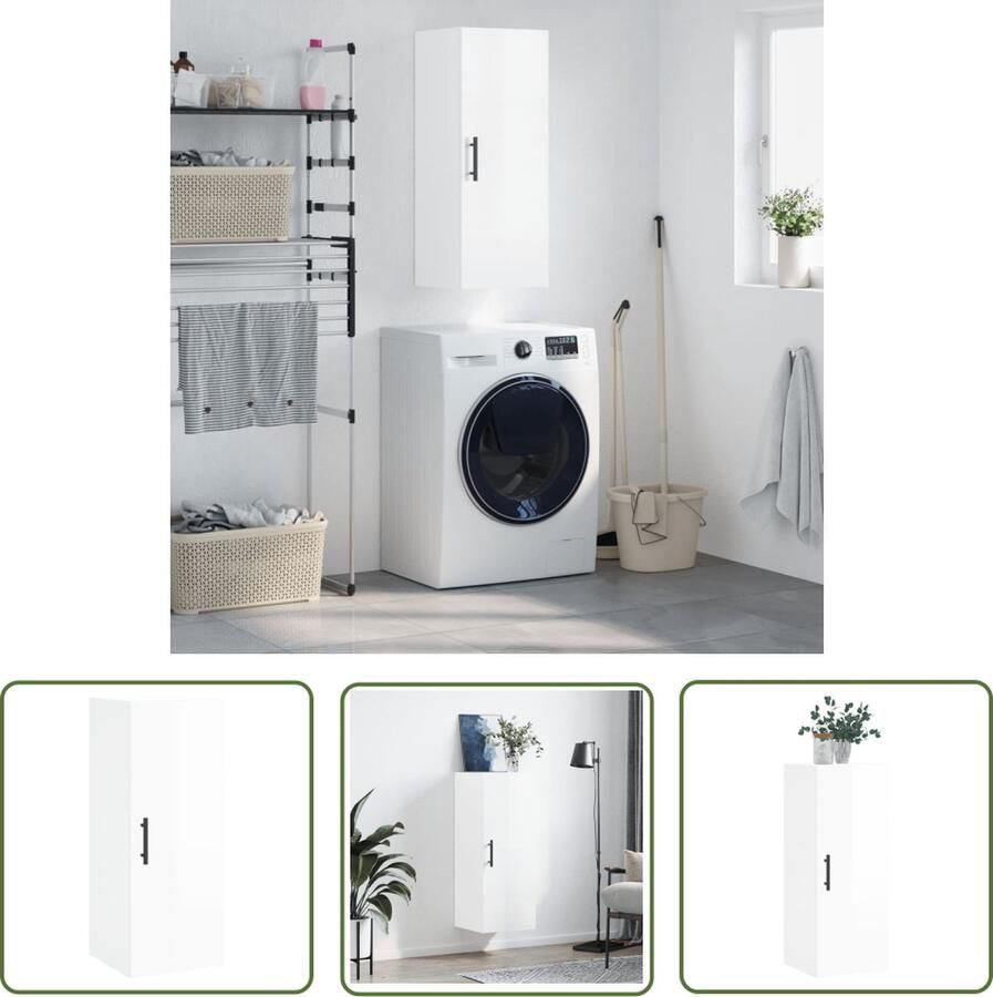 The Living Store Hangkast 34 5x34x90 cm hoogglans wit Wandkast Hangkast Opbergkast Keukenkast Houten Kast