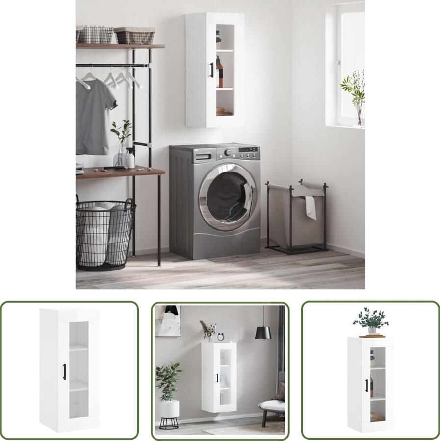 The Living Store Hangkast 34 5x34x90 cm hoogglans wit Wandkast Hangkast Witte Kast Opslagoplossing Keukenopslag