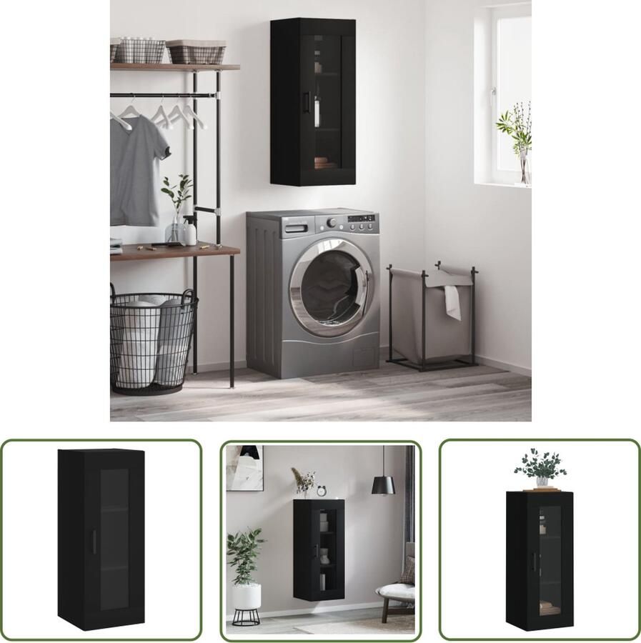 The Living Store Hangkast 34 5x34x90 cm zwart Wandkast Zwarte Kast Houten Kast Opbergkast Designkast