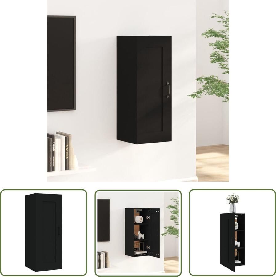 The Living Store Hangkast Wandgemonteerde opbergkast Zwart 35x34x90 cm Bewerkt hout Hangkast Wandkast Opbergkast Zwarte Kast Houten Kast - Foto 2