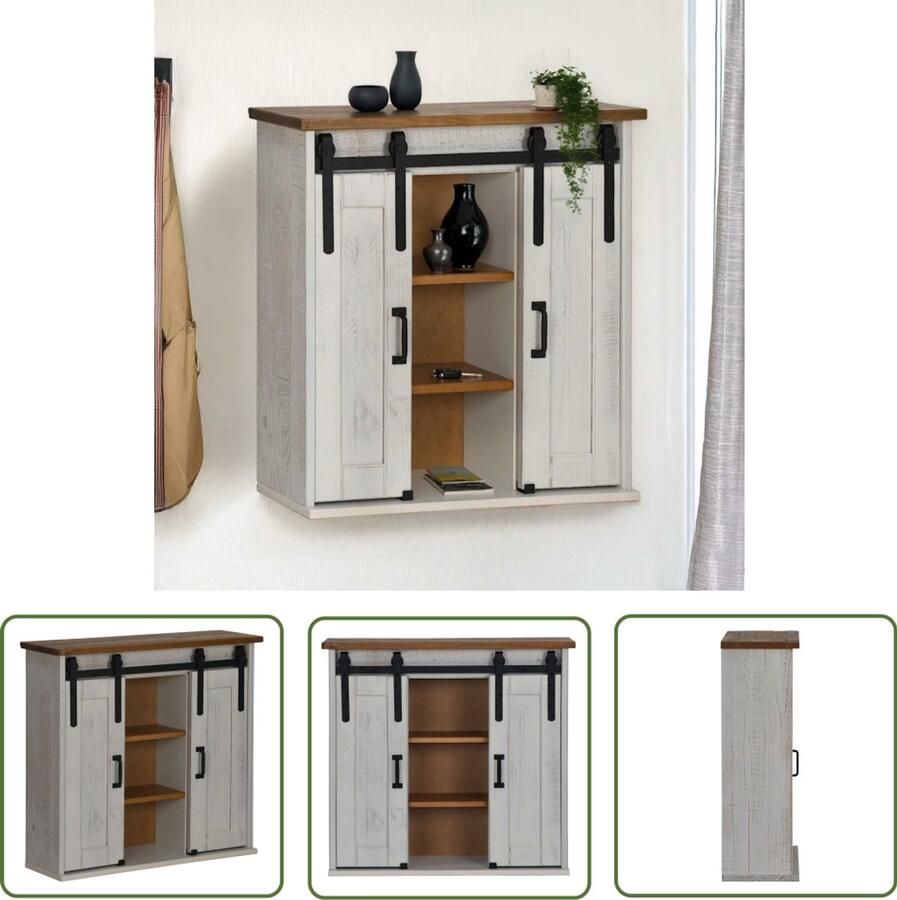 The Living Store Hangkast HALDEN 2 schuifdeuren 75x22 5x70 cm grenenhout wit Hangkast Halden Grenoble Hout Witte Kast Wandkast