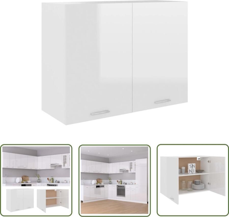 The Living Store Hangkast Lyon 80x31x60 cm bewerkt hout hoogglans wit Keukenhangkast Opbergkast Keuken Hangend Kastje Kookeiland Accessoires Keukeninrichting