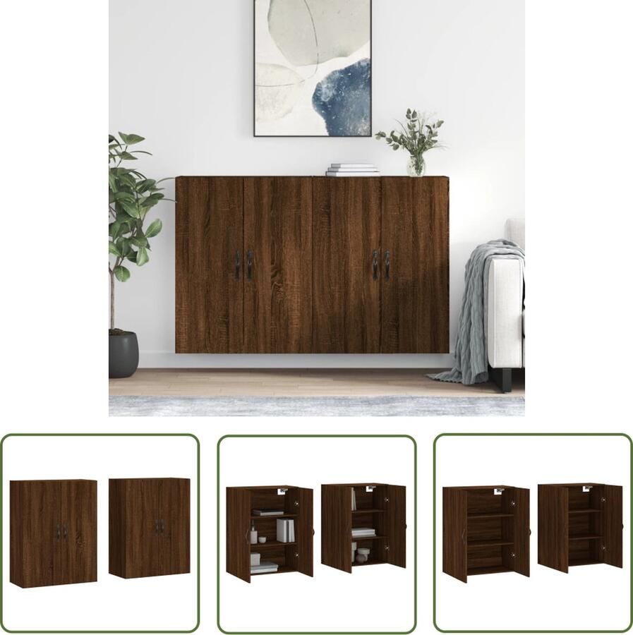 The Living Store Hangkasten 2 st bewerkt hout bruin eikenkleur Wandkast Houten Kast Opbergkast Badkamerkast Keukenkast