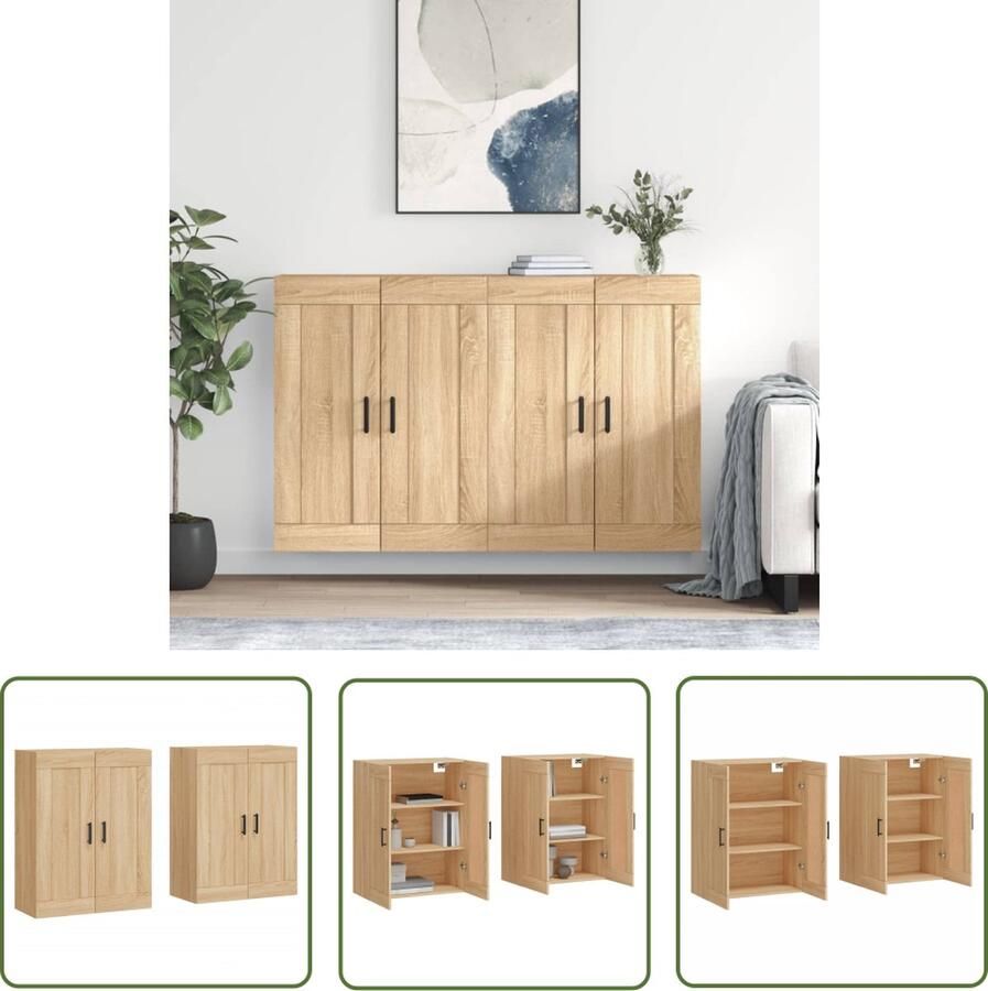 The Living Store Hangkasten 2 st bewerkt hout sonoma eikenkleurig Wandkast Opbergkast Houten Kast Salontafel Badkamerkast