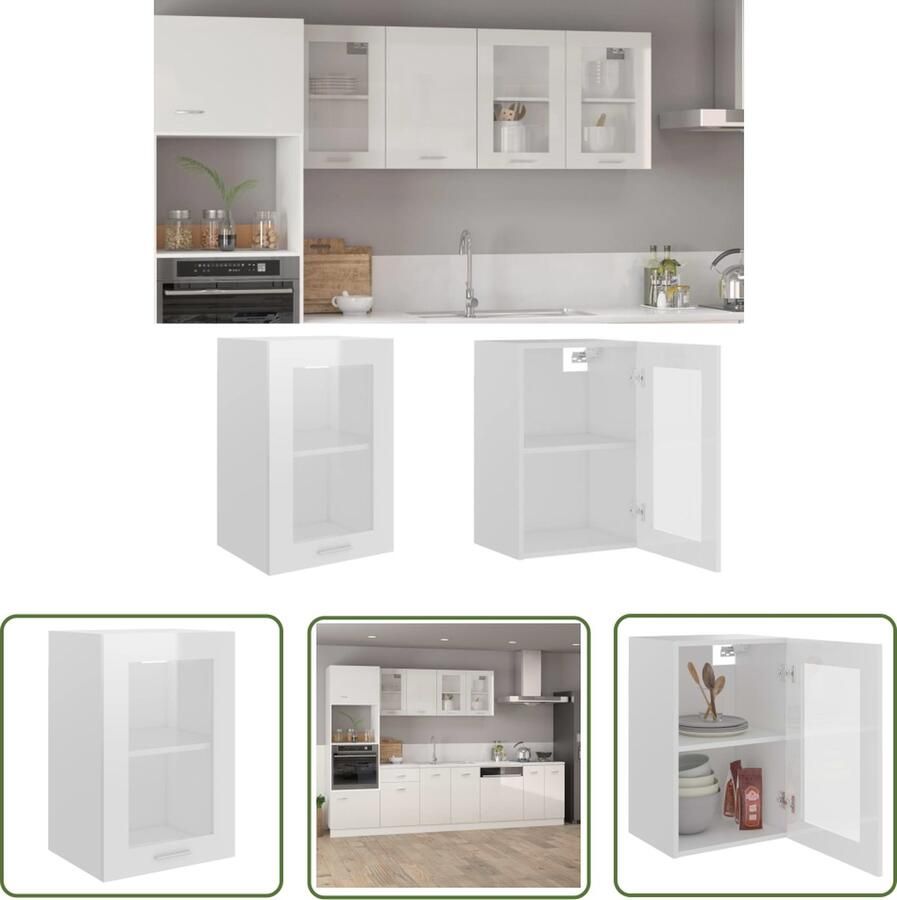 The Living Store Hangkastje Opbergkast 40 x 31 x 60 cm Hoogglans wit Spaanplaat en glas