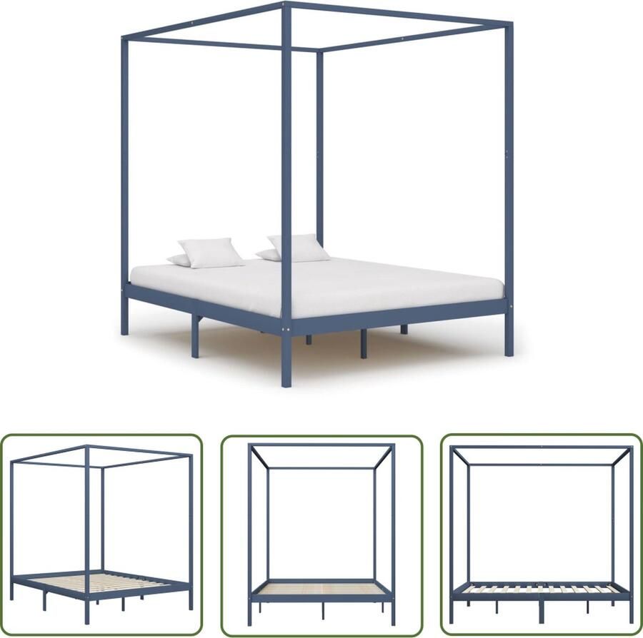 The Living Store Hemelbedframe Massief grenenhout 180 x 200 cm Grijs Hemelbed Massief Hout Bed Grenenhouten Bed Grijs Bed Tweepersoons Bed - Foto 2