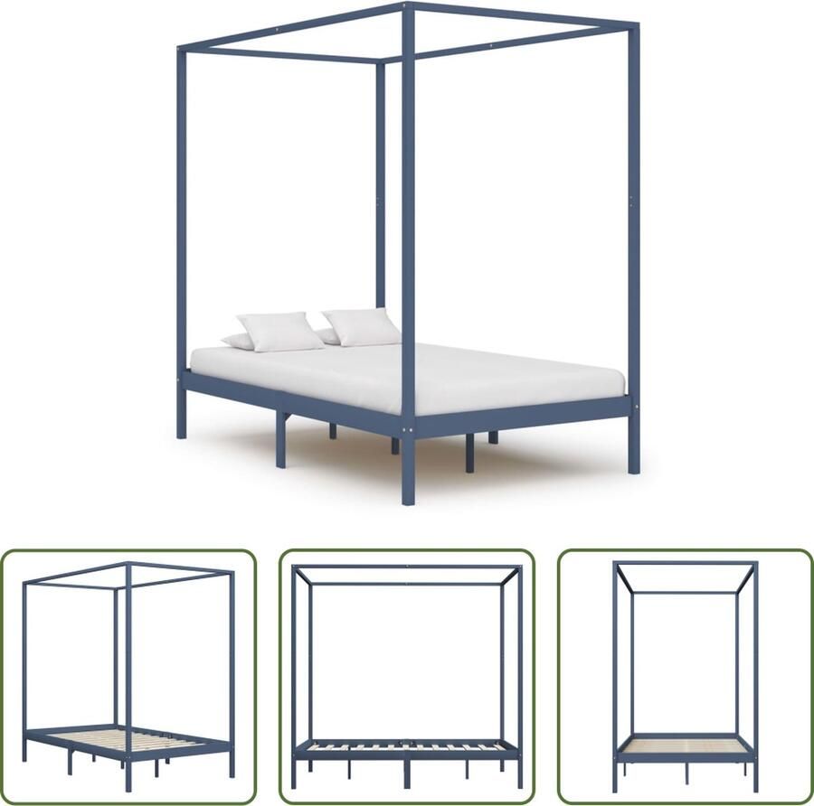 The Living Store Hemelbedframe massief grenenhout grijs 120x200 cm Massief Houten Bed Hemelbed Grieze Bed Slaapkamer Meubels Tweepersoons Bed