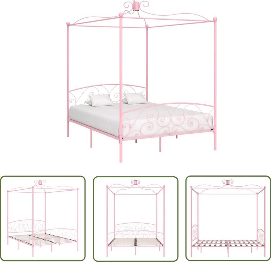 The Living Store Hemelbedframe Metaal 211 x 189 x 227 cm Roze Met verfijnd ontwerp Hemelbed Frame Rozenkleurig Bed Metalen Bedframe Tweepersoon Bed Hoofdbord