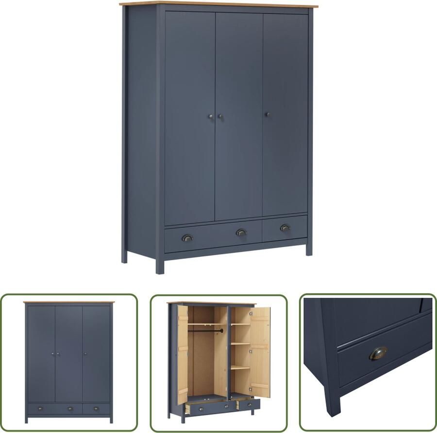 The Living Store Kledingkast Hill 3 deuren 127x50x170 cm grenenhout grijs Klerenkast Garderobe Houten Kast Bergkast Slaapkamers
