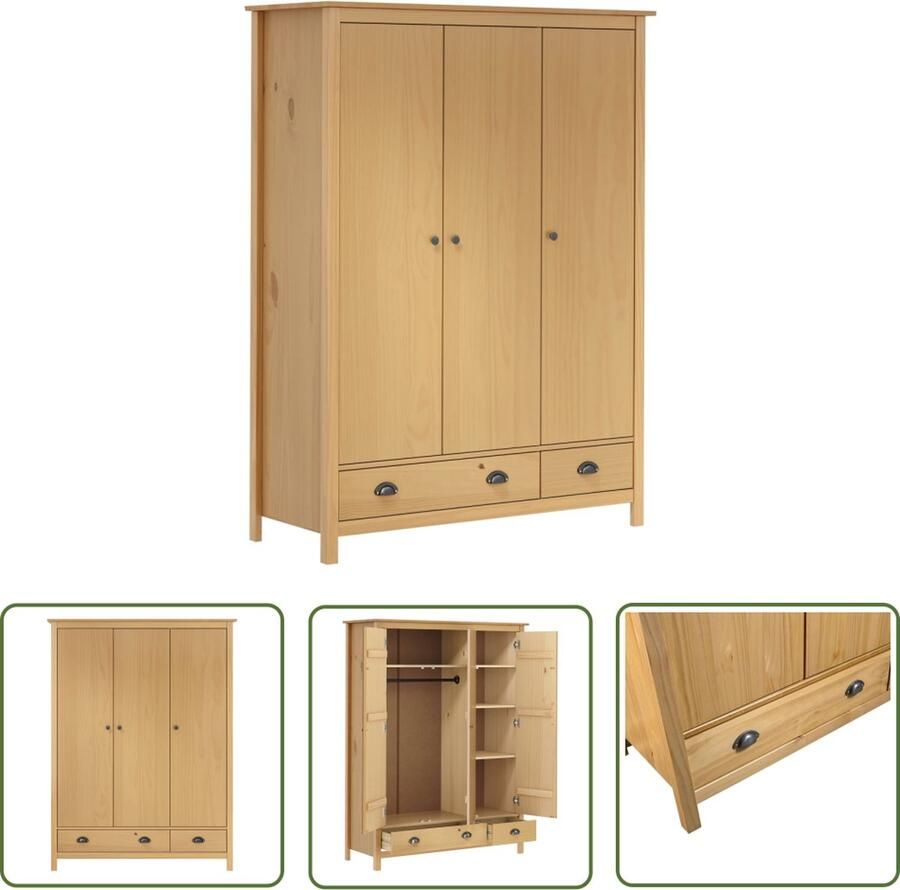 The Living Store Kledingkast Hill 3 deuren 127x50x170 cm massief grenenhout Klerenkast Houten Kast Garderobe Bergkast Opslagruimte - Foto 2