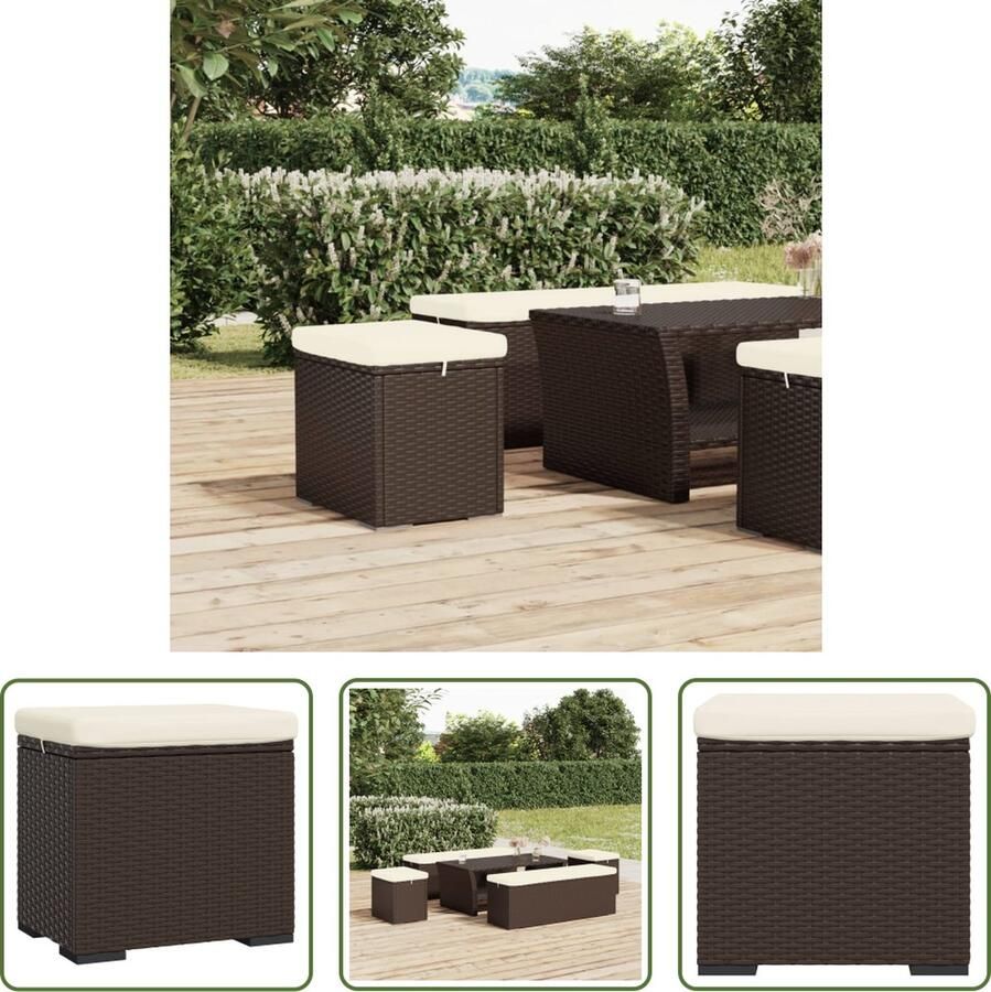The Living Store Hocker PE rattan 40x30x40 cm bruin+crèmewit Stof 4cm - Foto 2