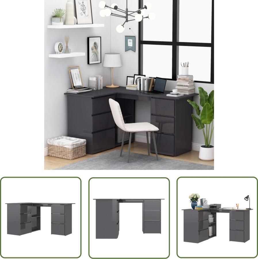 The Living Store Hoekbureau Bewerkt hout 145 x 100 x 76 cm Hoogglans grijs - Foto 2