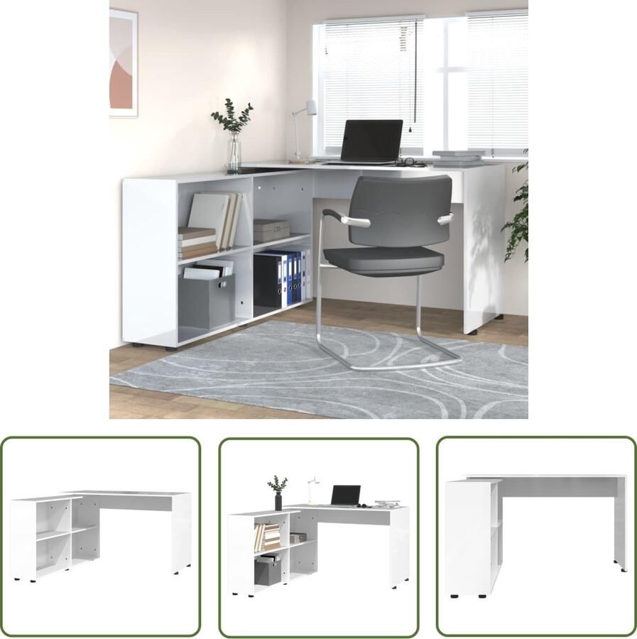 The Living Store Hoekbureau L-vorm 130 x 60 x 75 cm hoogglans wit bewerkt hout aluminium Hoektje Bureau Hoekescritorio Bureaus Schrijftafels Werkblad - Foto 2