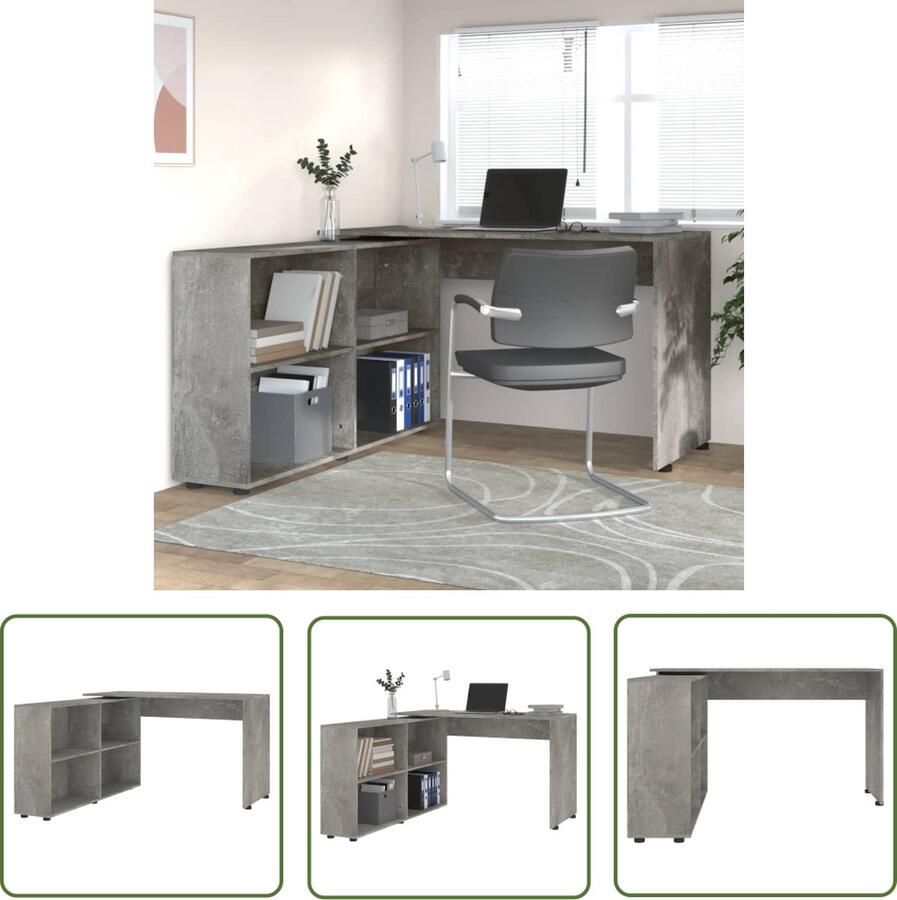 The Living Store Hoekbureau Bureau met Boekenkast 130x60x75 cm Betongrijs Hoekschrijftafel Hoekbureau Bureaus Schrijfbureaubedienst Houten Bureau - Foto 2