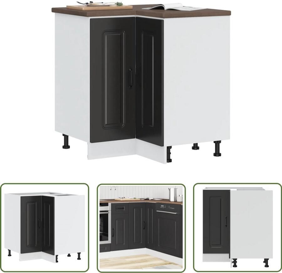 The Living Store Hoekkeukenonderkast Kalmar bewerkt hout zwart Keukenonderkast Hoekkeuken Zwarte Keukenkasten Houten Keukenkasten Opslagoplossing Keuken