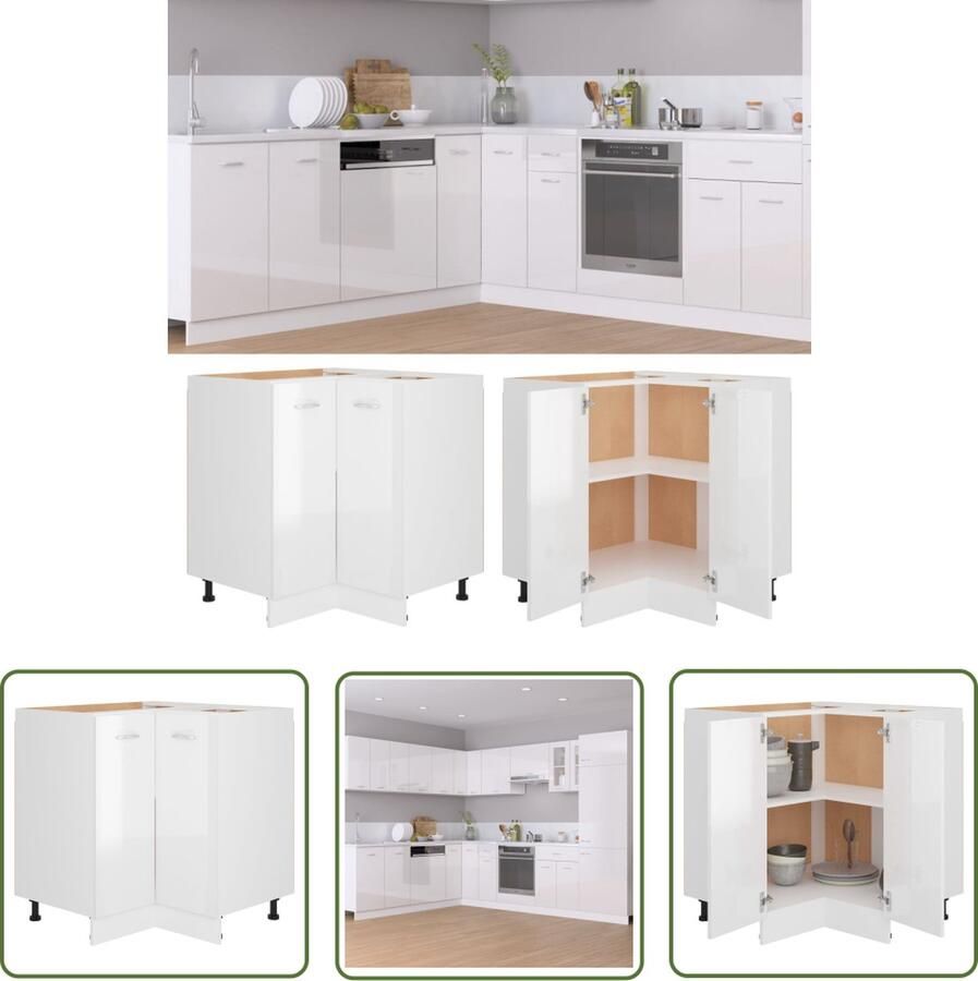 The Living Store Hoekonderkast Lyon 75 5x75 5x81 5 cm bewerkt hout hoogglans wit Keuken Kast Opslag Oplossing Kookeiland Keukeninrichting Houten Kast