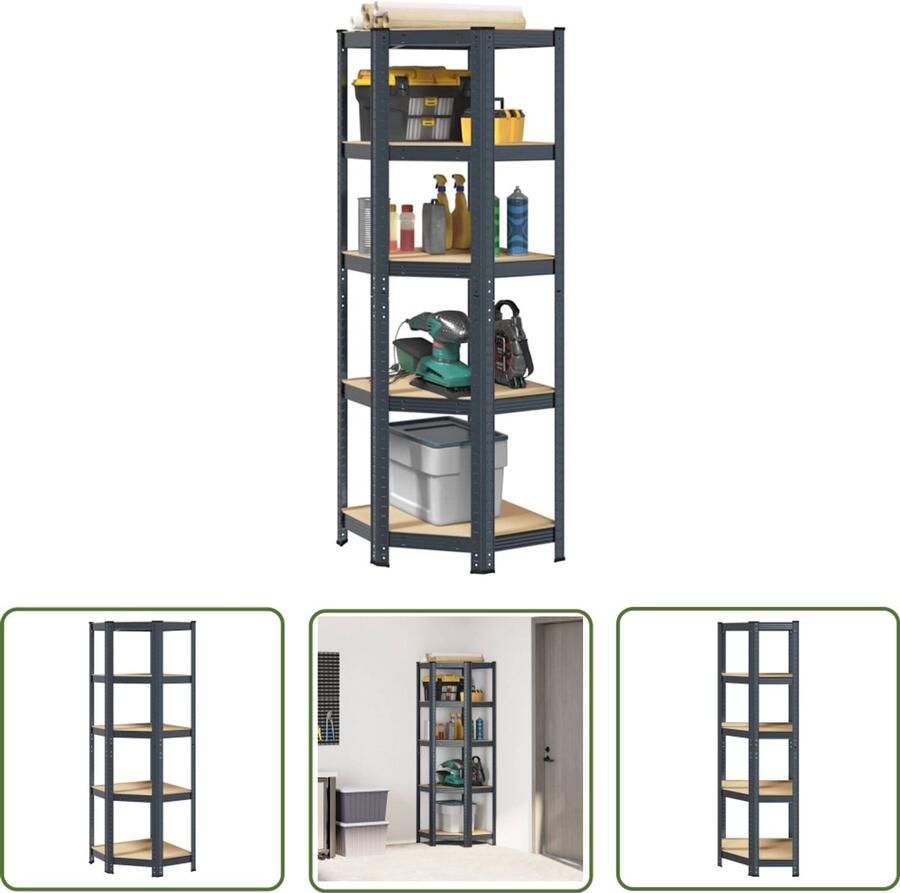 The Living Store Hoekrek 5-laags staal en bewerkt hout antracietkleurig Hoek Rek Industriele Opslag Metalen Kast Werkplaats Organisatie Magazijn Opslag