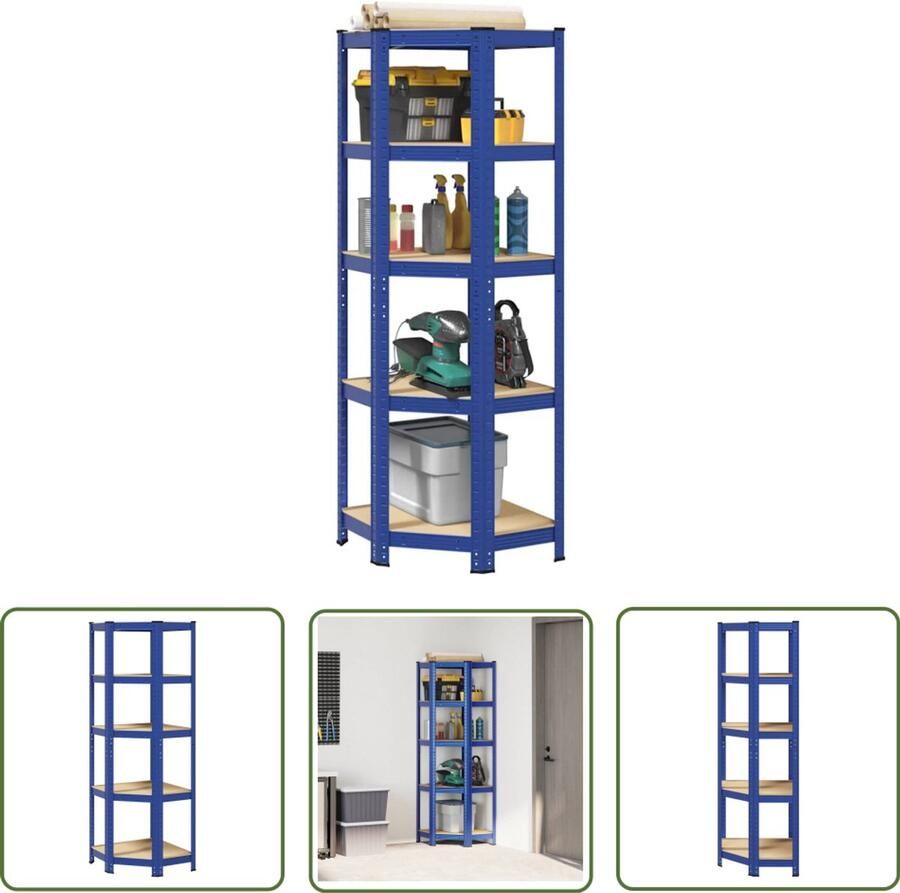 The Living Store Hoekrek 5-laags staal en bewerkt hout blauw Hoekrek Opslagoplossing Metalen Rek Houten Plank Garage Organisatie