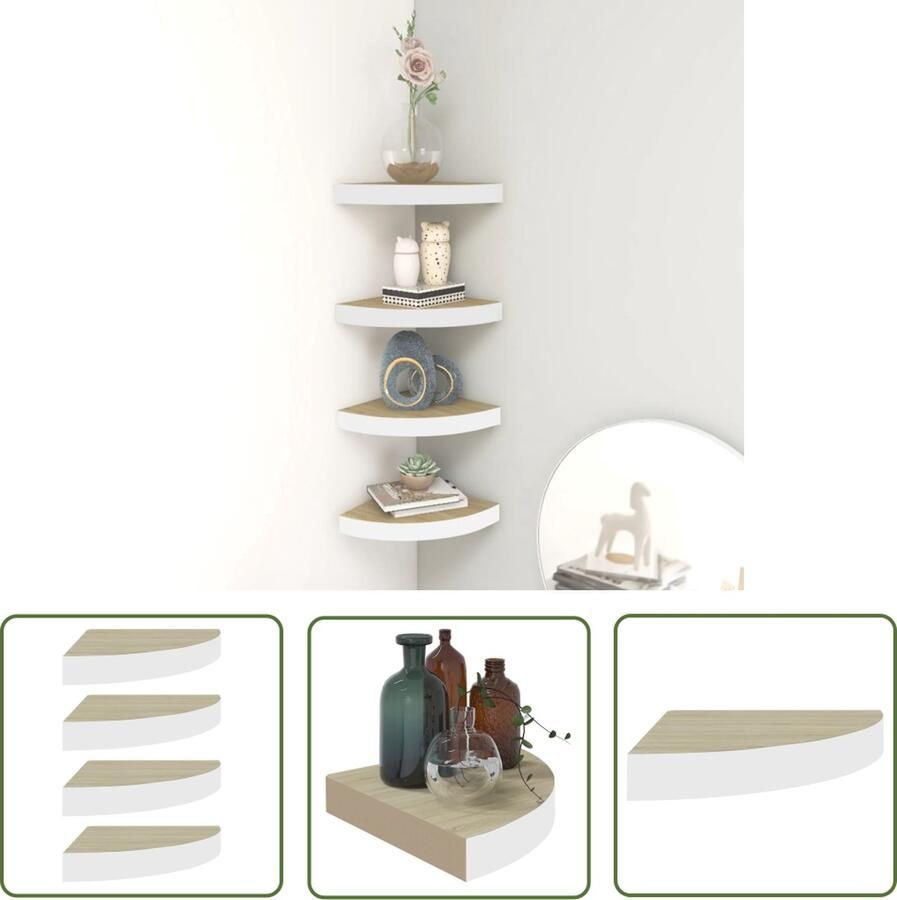 The Living Store Hoekwandschappen 4 st 25x25x3 8 cm MDF eikenkleurig en wit Hoekplank Wandplank Decoratieve Plank Houten Plank Mdf Plank