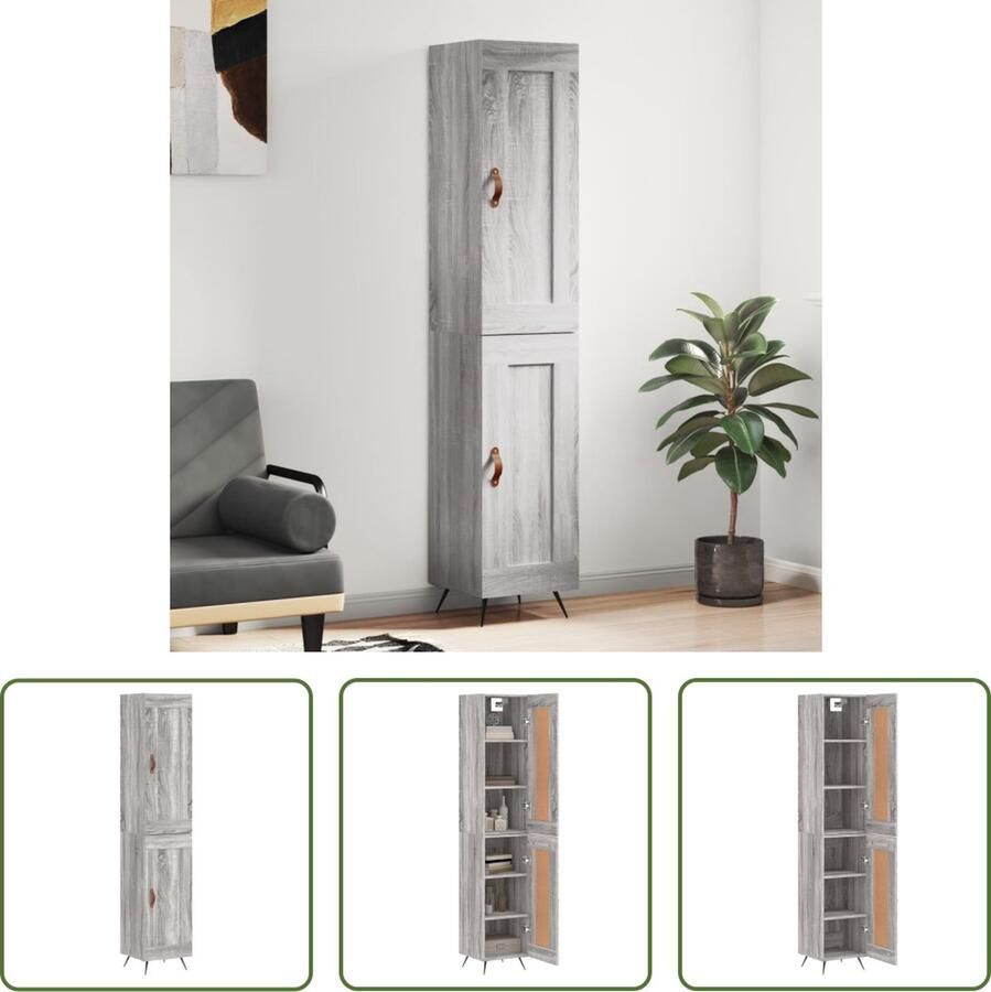 VidaXL Grijze Kast Hoge Kast Hoge kast 34 5x34x180 cm bewerkt hout grijs sonoma eikenkleurig Houten Kast Opslagoplossing Woonkamer Decoratie