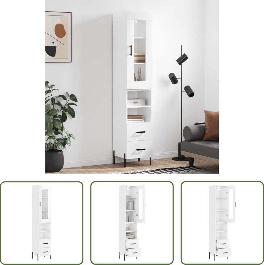 The Living Store Hoge kast 34 5x34x180 cm bewerkt hout hoogglans wit Hoge Kast Witte Kast Houten Kast Opslagoplossing Woonkamermeubel - Foto 6