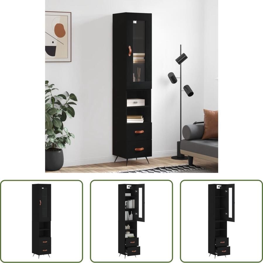 VidaXL Kast Hoge Kast Hoge kast 34 5x34x180 cm bewerkt hout zwart Opslagoplossing Houten Kast Zwarte Kast