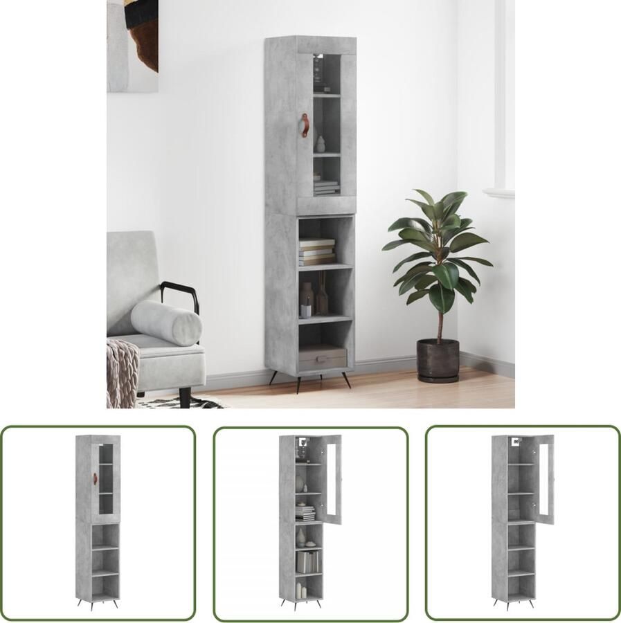 The Living Store Hoge kast 34 5x34x180 cm bewerkt hout betongrijs Hoge Kast Houten Kast Beton Grijze Kast Opbergkast Schappenkast