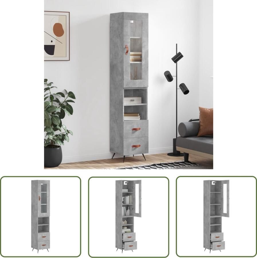 The Living Store Hoge kast 34 5x34x180 cm bewerkt hout betongrijs Hoge Kast Opbergkast Beton Grijs Houten Kast Design Kast