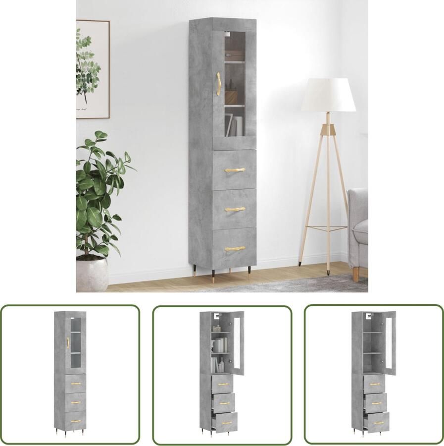 The Living Store Hoge kast 34 5x34x180 cm bewerkt hout betongrijs Hoge Kast Opbergkast Kast Beton Grijs Houten Kast Moderne Kast