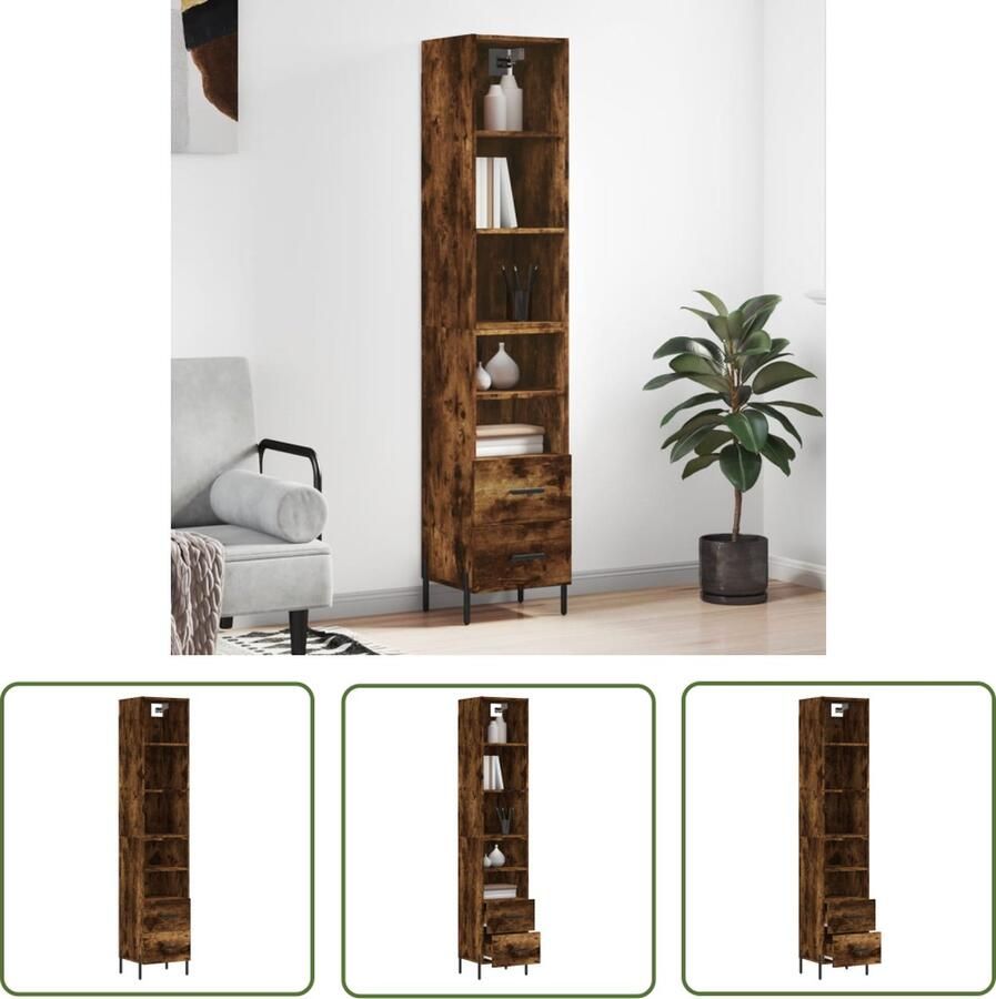 The Living Store Hoge kast 34 5x34x180 cm bewerkt hout gerookt eikenkleurig Hoge Kast Dressoir Buffetkast Houten Kast Opbergkast