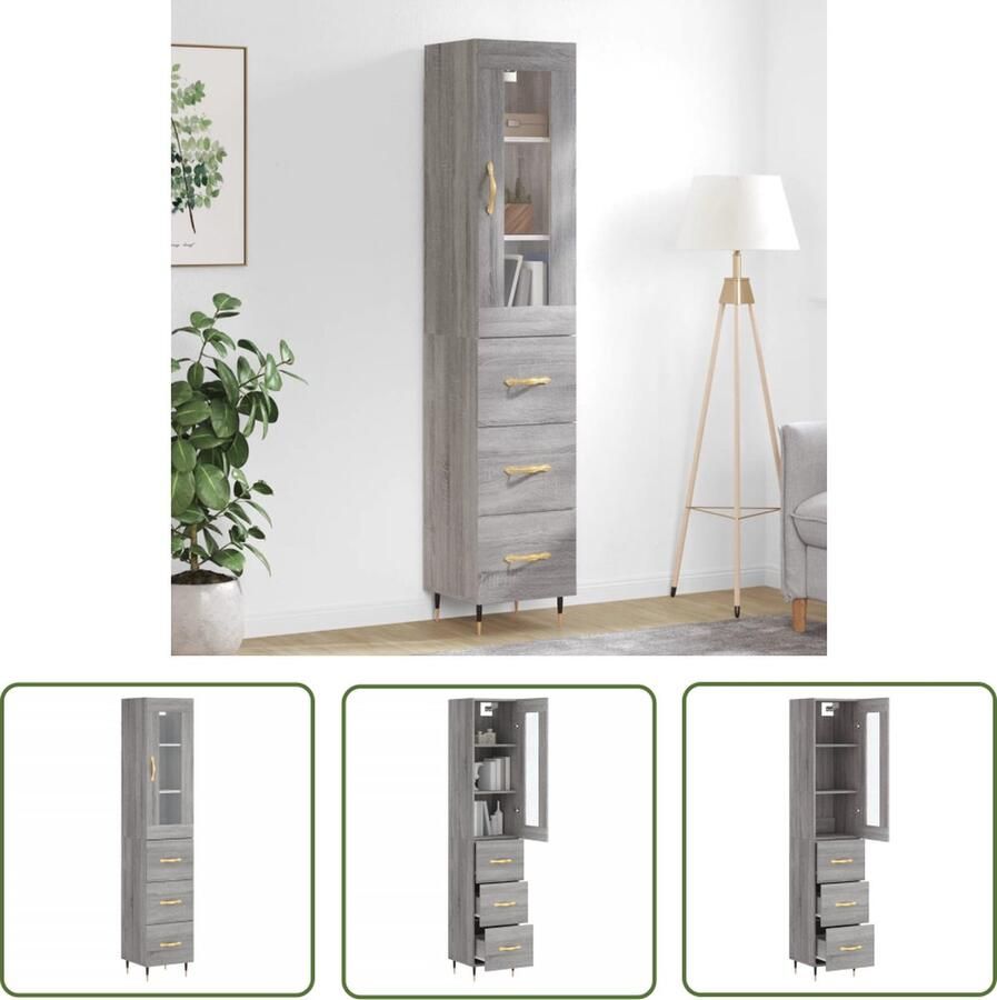 The Living Store Hoge kast 34 5x34x180 cm bewerkt hout grijs sonoma eikenkleurig Hoge Kast Grijze Kast Houten Kast Opslagoplossing Woonkamermeubel - Foto 2